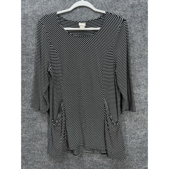 Chicos Knit Tunic Top Size 2/Large Black White Pockets Striped 3/4 Sleeve Scoop - Picture 7 of 11